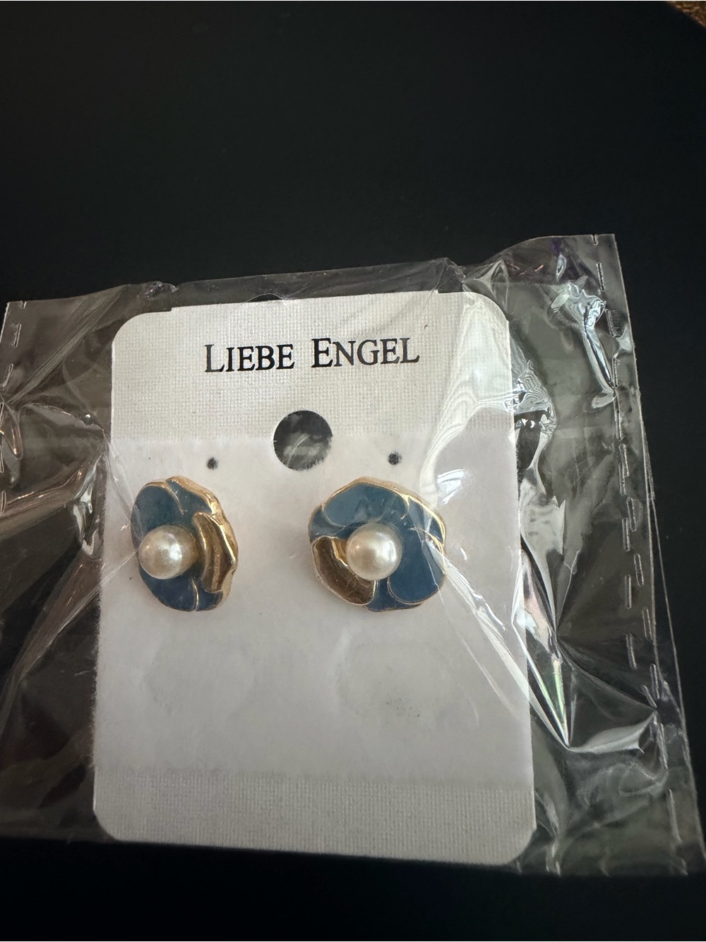 Blue Pearl Flower Stud Earrings with Gold Accents